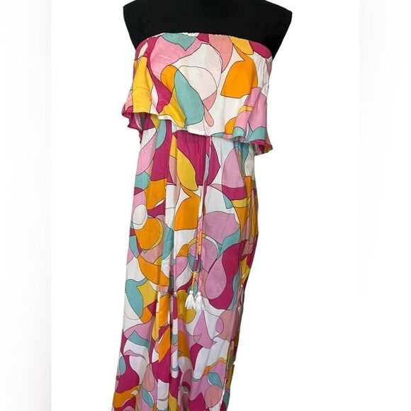 NWT JAPNA STRAPLESS MAXI DRESS FLUTTER TOP GEOMETRIC SUMMER PRINT WOMEN XS - Picture 4 of 12